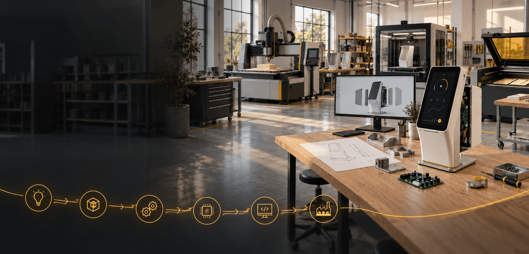 Product development workshop with design drawings, electronics, manufacturing equipment and a finished interactive terminal.